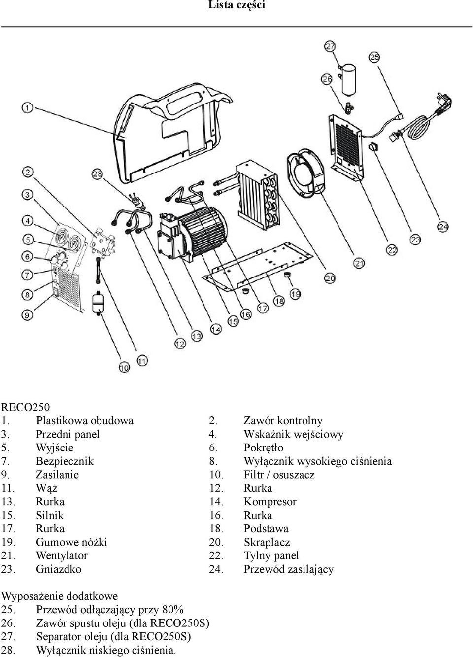 Rurka 17. Rurka 18. Podstawa 19. Gumowe nóżki 20. Skraplacz 21. Wentylator 22. Tylny panel 23. Gniazdko 24.