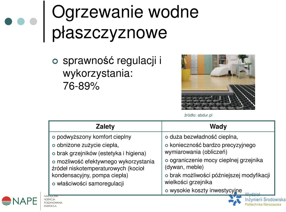 źródeł niskotemperaturowych (kocioł kondensacyjny, pompa ciepła) właściwości samoregulacji Wady duża bezwładność cieplna, konieczność