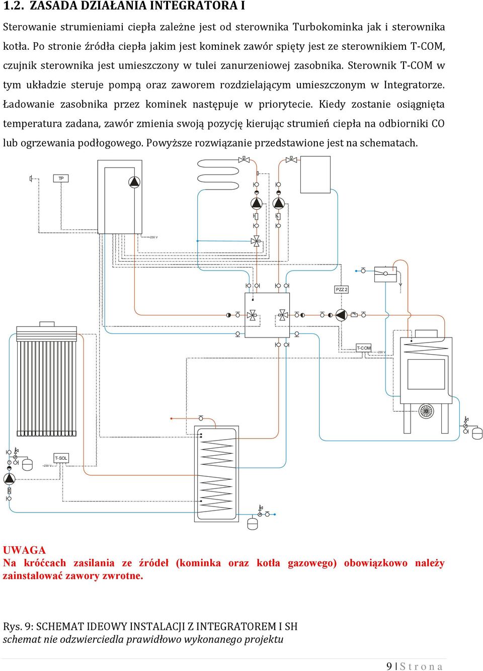 Sterownik T-COM w tym układzie steruje pompą oraz zaworem rozdzielającym umieszczonym w Integratorze. Ładowanie zasobnika przez kominek następuje w priorytecie.