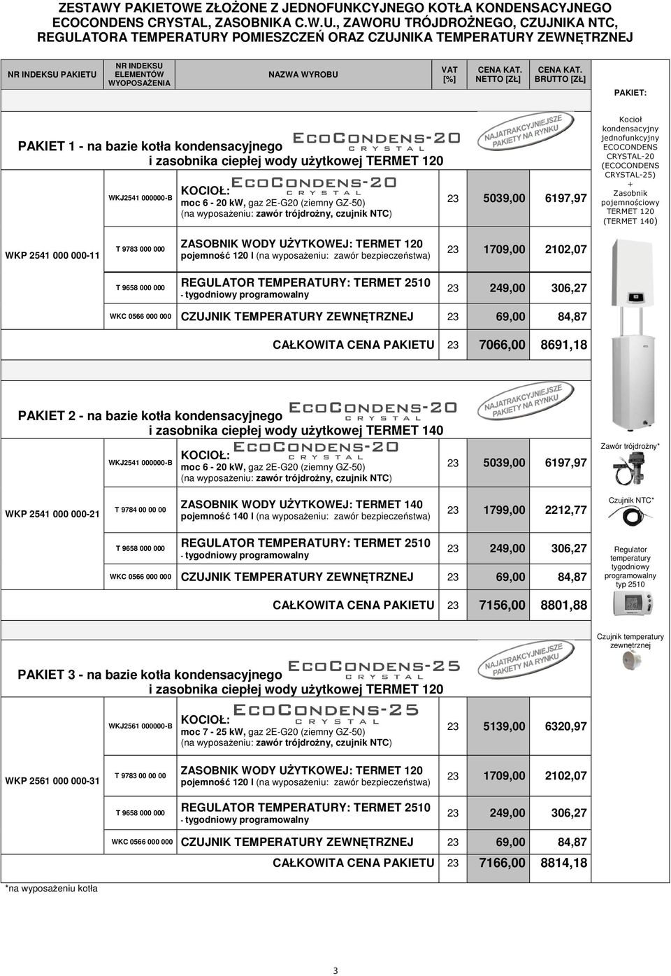 , ZAWORU TRÓJDROŻNEGO, CZUJNIKA NTC, REGULATORA TEMPERATURY POMIESZCZEŃ ORAZ CZUJNIKA TEMPERATURY ZEWNĘTRZNEJ NR INDEKSU PAKIETU NR INDEKSU ELEMENTÓW WYOPOSAŻENIA NAZWA WYROBU PAKIET: PAKIET 1 - na