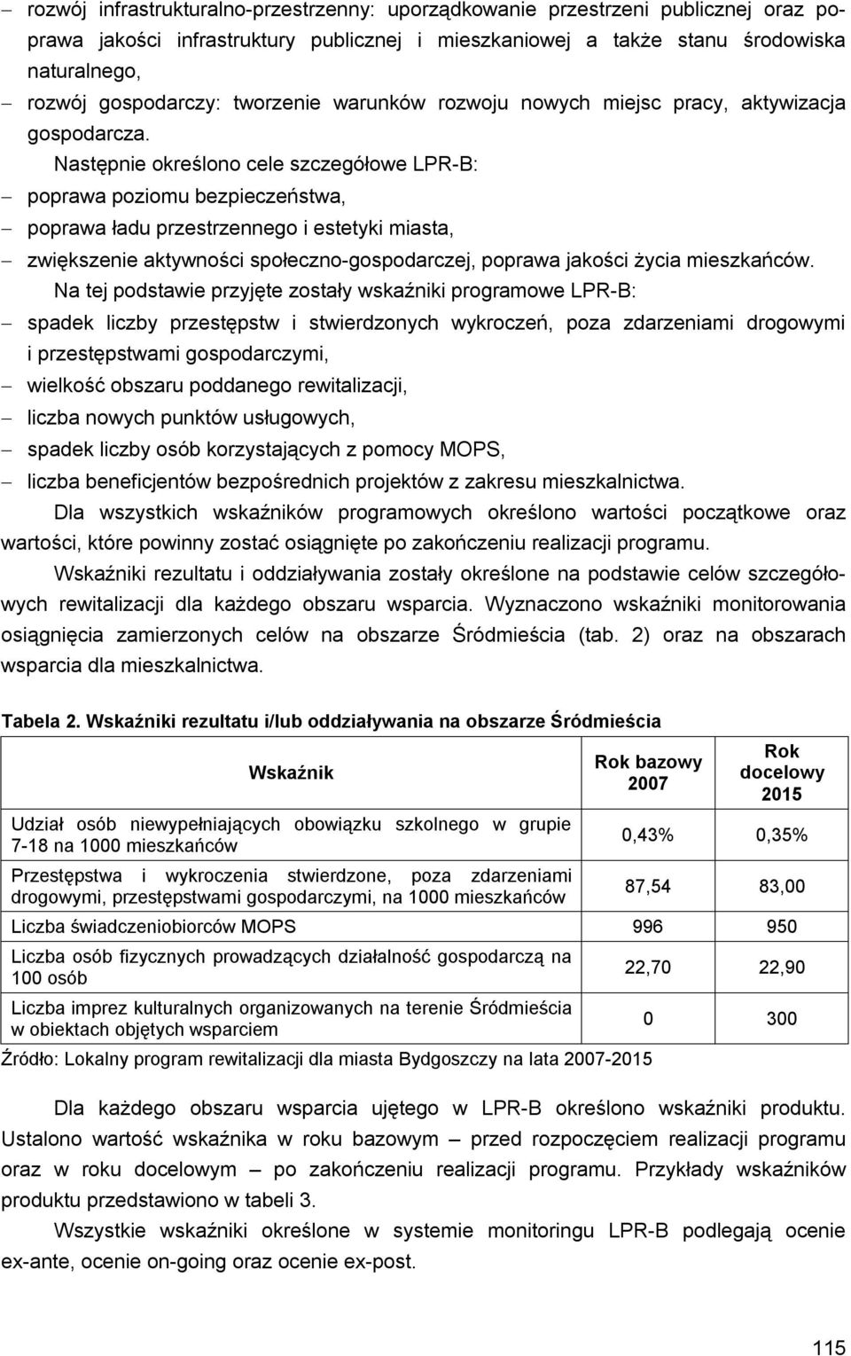 Następnie określono cele szczegółowe LPR-B: poprawa poziomu bezpieczeństwa, poprawa ładu przestrzennego i estetyki miasta, zwiększenie aktywności społeczno-gospodarczej, poprawa jakości życia