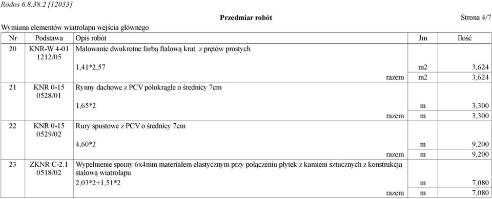 3,300 22 KNR 0-15 Rury spustowe z PCV o średnicy 7cm 0529/02 4,60*2 m 9,200 razem m 9,200 23 ZKNR C-2.