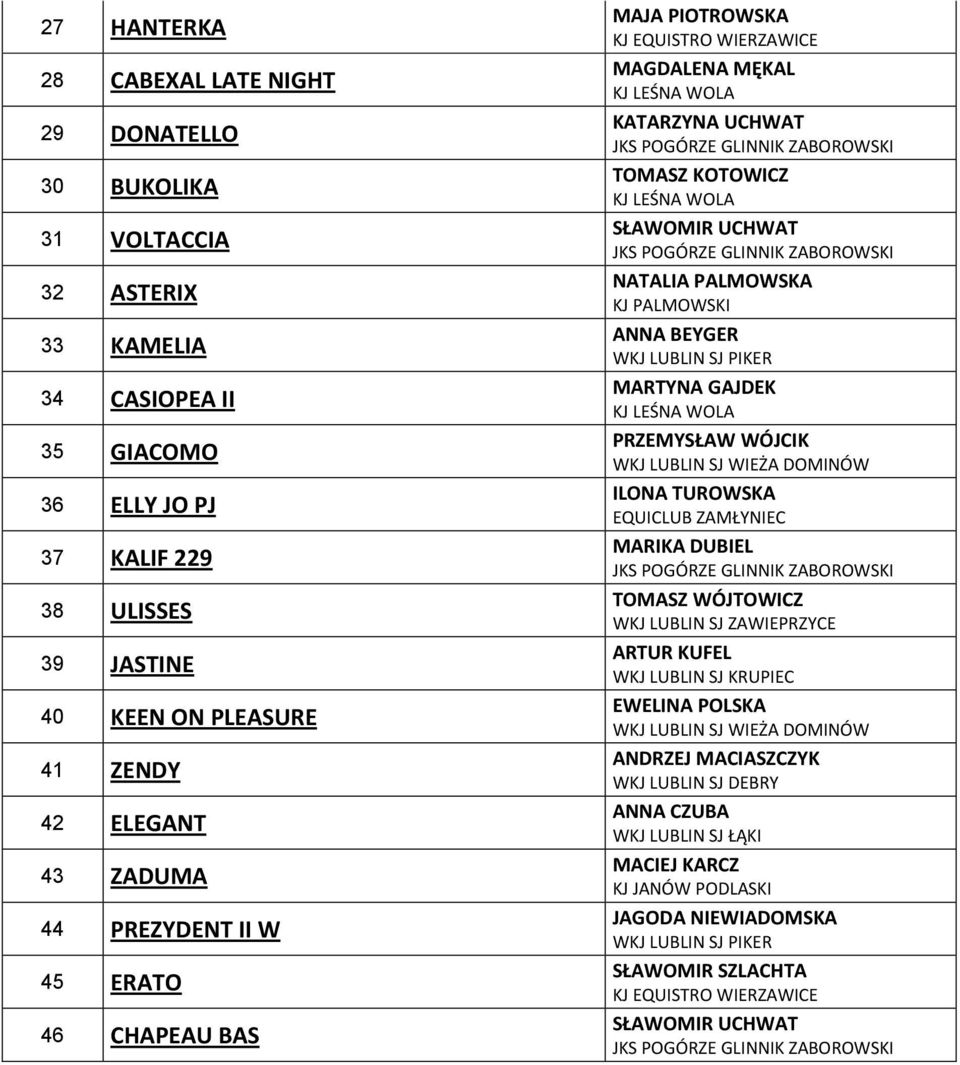 SŁAWOMIR UCHWAT NATALIA PALMOWSKA KJ PALMOWSKI ANNA BEYGER MARTYNA GAJDEK PRZEMYSŁAW WÓJCIK ILONA TUROWSKA EQUICLUB ZAMŁYNIEC MARIKA DUBIEL TOMASZ WÓJTOWICZ WKJ LUBLIN