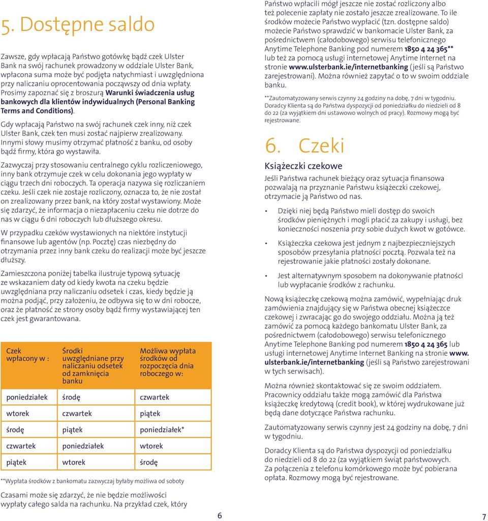 Gdy wpłacają Państwo na swój rachunek czek inny, niż czek Ulster Bank, czek ten musi zostać najpierw zrealizowany.