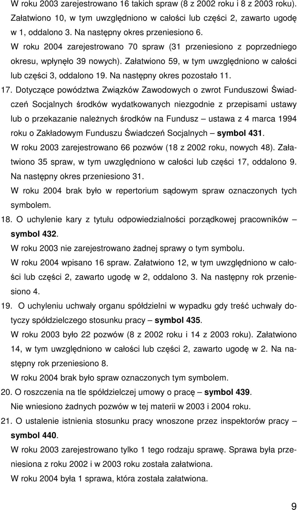 17. Dotyczące powództwa Związków Zawodowych o zwrot Funduszowi Świadczeń Socjalnych środków wydatkowanych niezgodnie z przepisami ustawy lub o przekazanie naleŝnych środków na Fundusz ustawa z 4