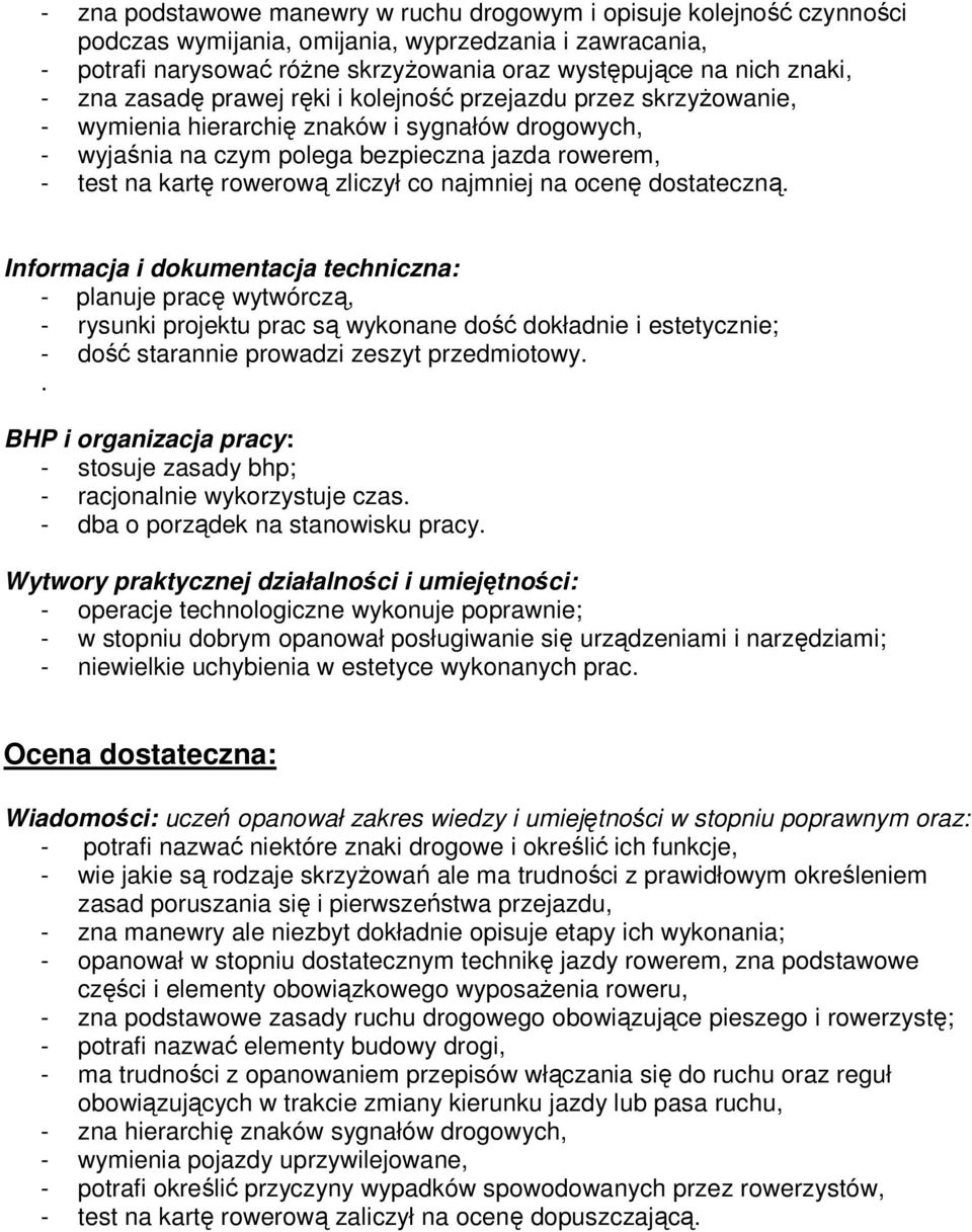 zliczył co najmniej na ocenę dostateczną. - planuje pracę wytwórczą, - rysunki projektu prac są wykonane dość dokładnie i estetycznie; - dość starannie prowadzi zeszyt przedmiotowy.