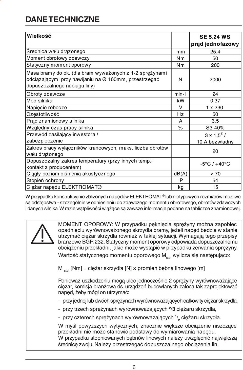 Częstotliwość Hz 50 Prąd znamionowy silnika A 3,5 Względny czas pracy silnika % S3-40% Przewód zasilający inwestora / zabezpieczenie Zakres pracy wyłączników krańcowych, maks.