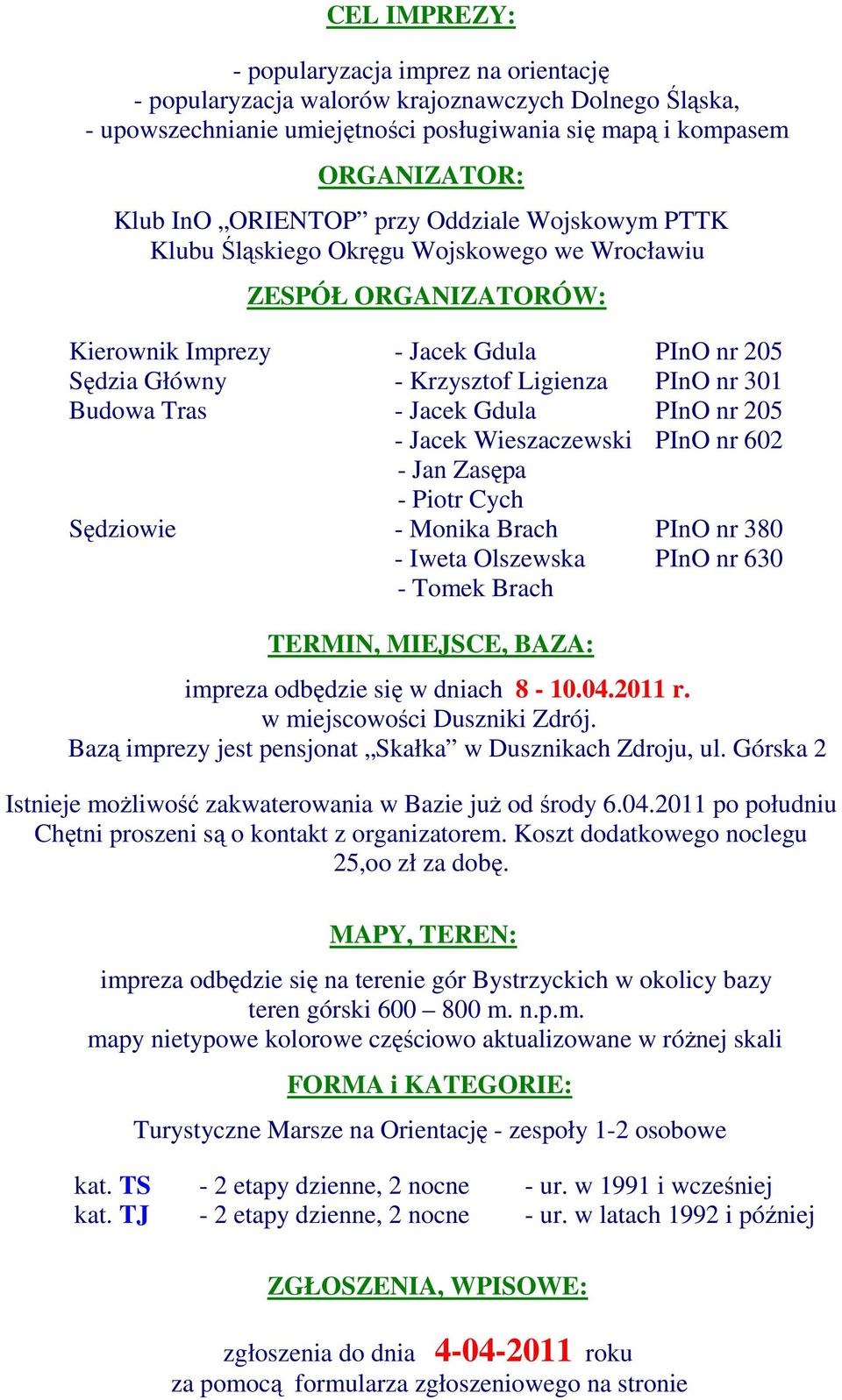 Tras - Jacek Gdula PInO nr 205 - Jacek Wieszaczewski PInO nr 602 - Jan Zasępa - Piotr Cych Sędziowie - Monika Brach PInO nr 380 - Iweta Olszewska PInO nr 630 - Tomek Brach TERMIN, MIEJSCE, BAZA: