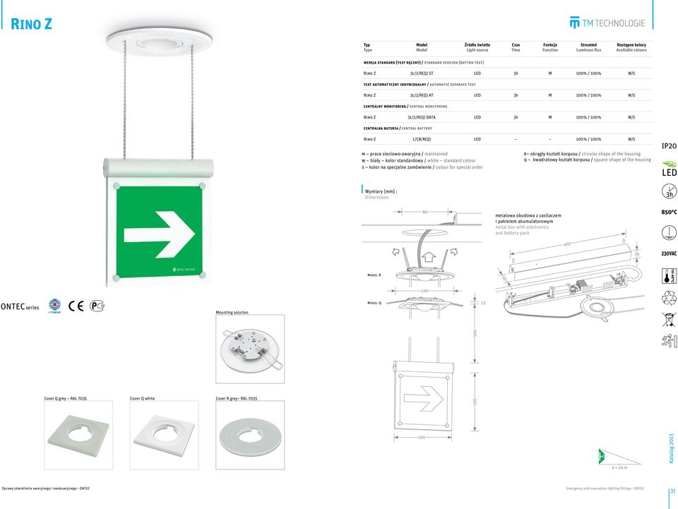 centralna bateria / central battery Rino z L/CB/R(Q) LED 100% / 100% W/S m praca sieciowo-awaryjna / maintained w biały kolor standardowy / white standard colour s kolor na specjalne zamówienie /