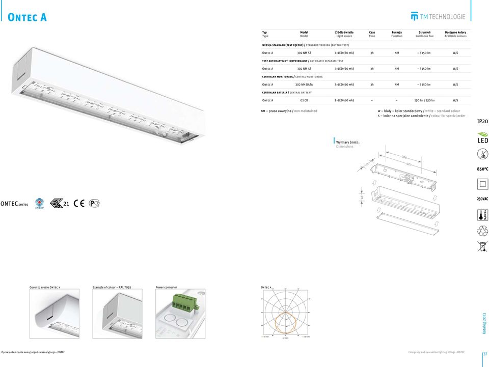 NM / 150 lm W/S centralna bateria / central battery ontec a 02 CB 7 LED (60 ma) 150 lm / 150 lm W/S nm praca awaryjna / non maintained w biały kolor standardowy / white standard colour s kolor na