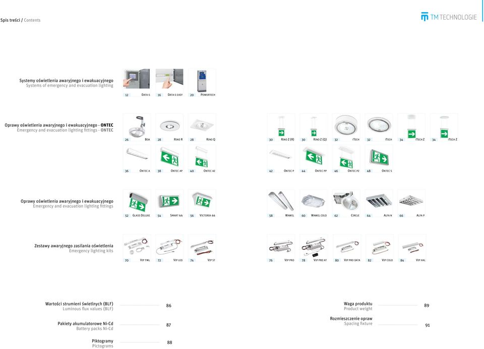 44 Ontec pp 46 Ontec pz 48 Ontec s Oprawy oświetlenia awaryjnego i ewakuacyjnego Emergency and evacuation lighting fittings 52 GLASS DELUXE 54 SMART 44 56 VICTORIA 44 58 WAWEL 60 WAWEL COLD 62 CIRCLE