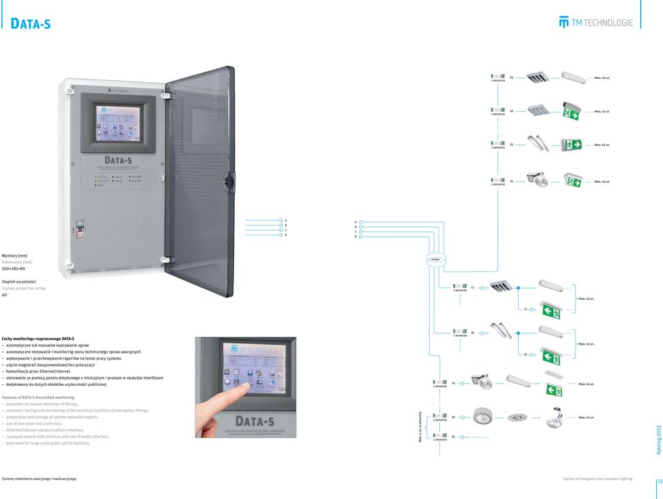 sterowanie za pomocą panelu dotykowego z intuicyjnym i prostym w obsłudze interfejsem dedykowany do dużych obiektów użyteczności publicznej Features of DATA-S diversified monitoring automatic or