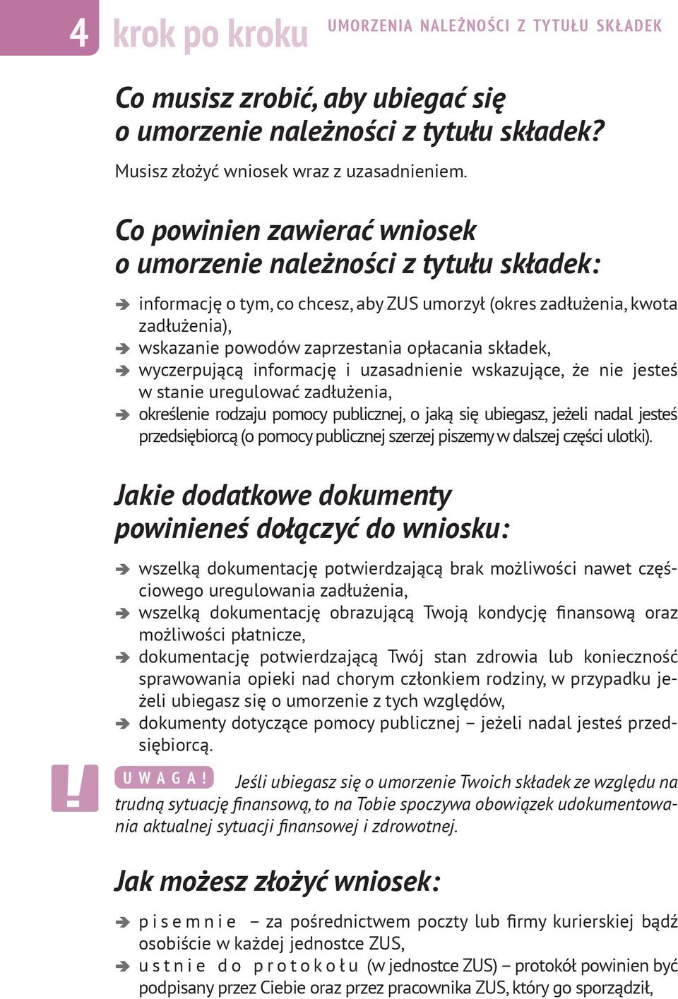 składek, wyczerpującą informację i uzasadnienie wskazujące, że nie jesteś w stanie uregulować zadłużenia, określenie rodzaju pomocy publicznej, o jaką się ubiegasz, jeżeli nadal jesteś przedsiębiorcą