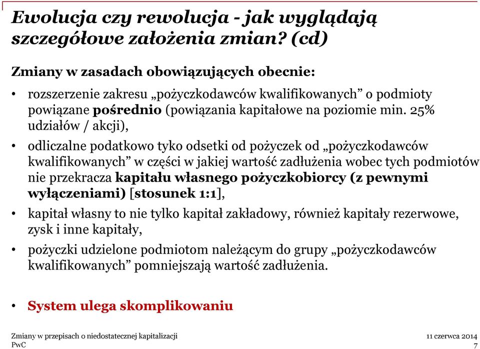 25% udziałów / akcji), odliczalne podatkowo tyko odsetki od pożyczek od pożyczkodawców kwalifikowanych w części w jakiej wartość zadłużenia wobec tych podmiotów nie przekracza