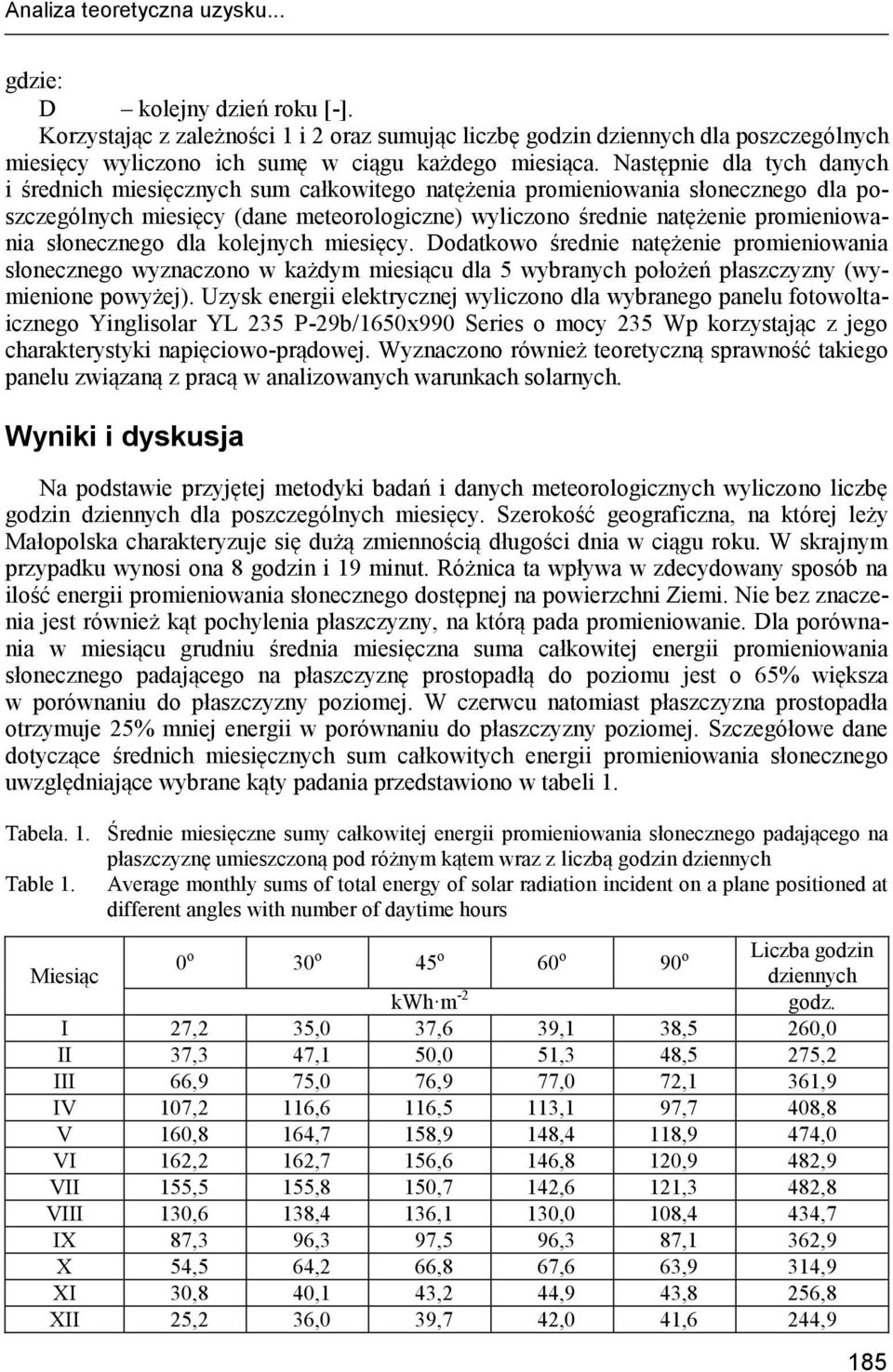 Następnie dla tych danych i średnich miesięcznych sum całkowitego natężenia promieniowania słonecznego dla poszczególnych miesięcy (dane meteorologiczne) wyliczono średnie natężenie promieniowania