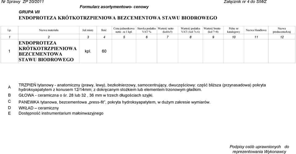 60 STWU IODROWEGO Nazwa producenta/kraj C D E TRZPIEŃ tytanowy - anatomiczny (prawy, lewy), bezkołnierzowy, samocentrujący, dwuczęściowy: część bliższa (przynasadowa) pokryta hydroksyapatytem z