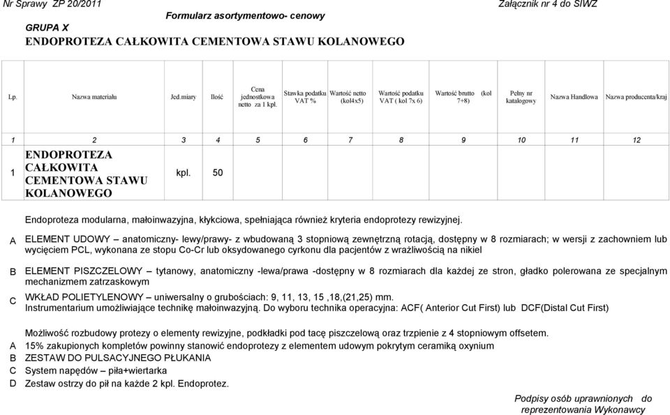 50 KOLNOWEGO Endoproteza modularna, małoinwazyjna, kłykciowa, spełniająca również kryteria endoprotezy rewizyjnej.