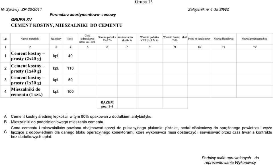 40 prosty (2x40 g) 2 Cement kostny prosty (1x40 g) kpl. 110 3 Cement kostny prosty (1x20 g) kpl. 50 4 Mieszalniki do cementu (1 szt.) kpl. 100 RZEM poz.