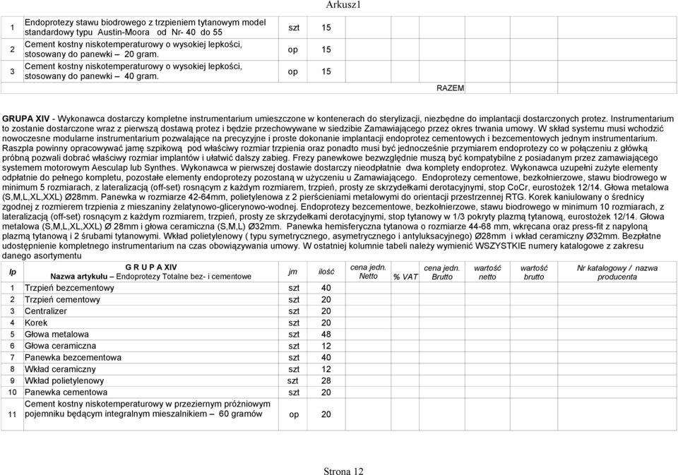 op 15 GRUPA XIV - Wykonawca dostarczy kompletne instrumentarium umieszczone w kontenerach do sterylizacji, niezbędne do implantacji dostarczonych protez.