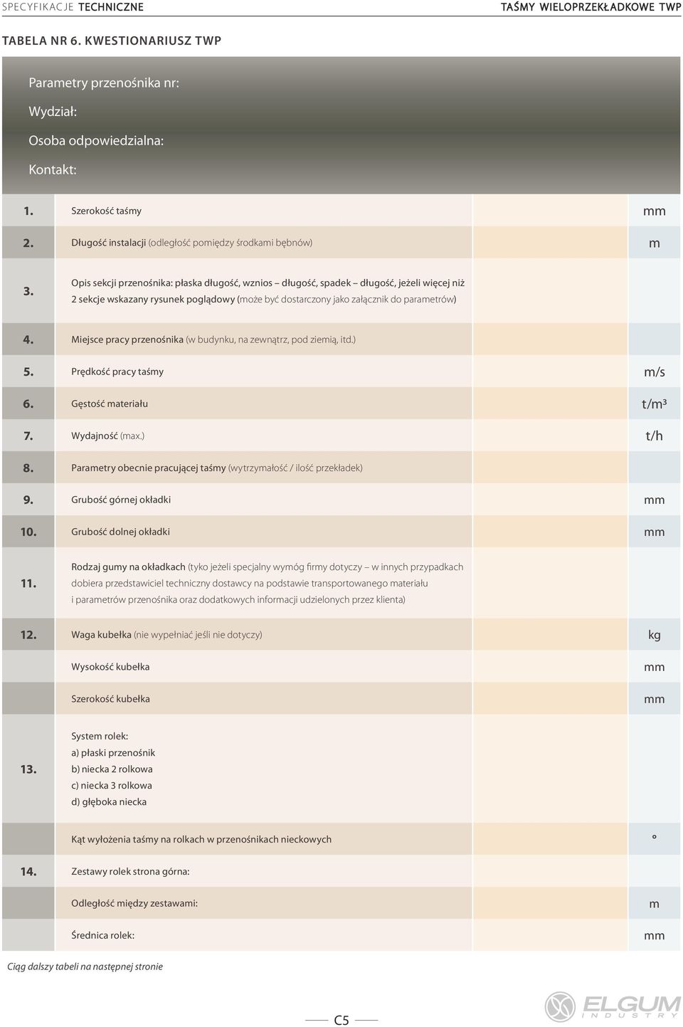 Miejsce pracy przenośnika (w budynku, na zewnątrz, pod ziemią, itd.) 5. Prędkość pracy taśmy m/s 6. Gęstość materiału t/m3 7. Wydajność (max.) t/h 8.