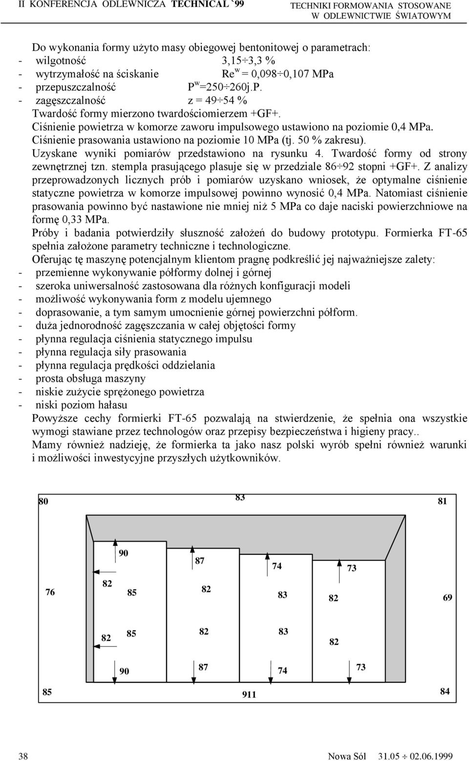 Ciśnienie prasowania ustawiono na poziomie 10 MPa (tj. 50 % zakresu). Uzyskane wyniki pomiarów przedstawiono na rysunku 4. Twardość formy od strony zewnętrznej tzn.