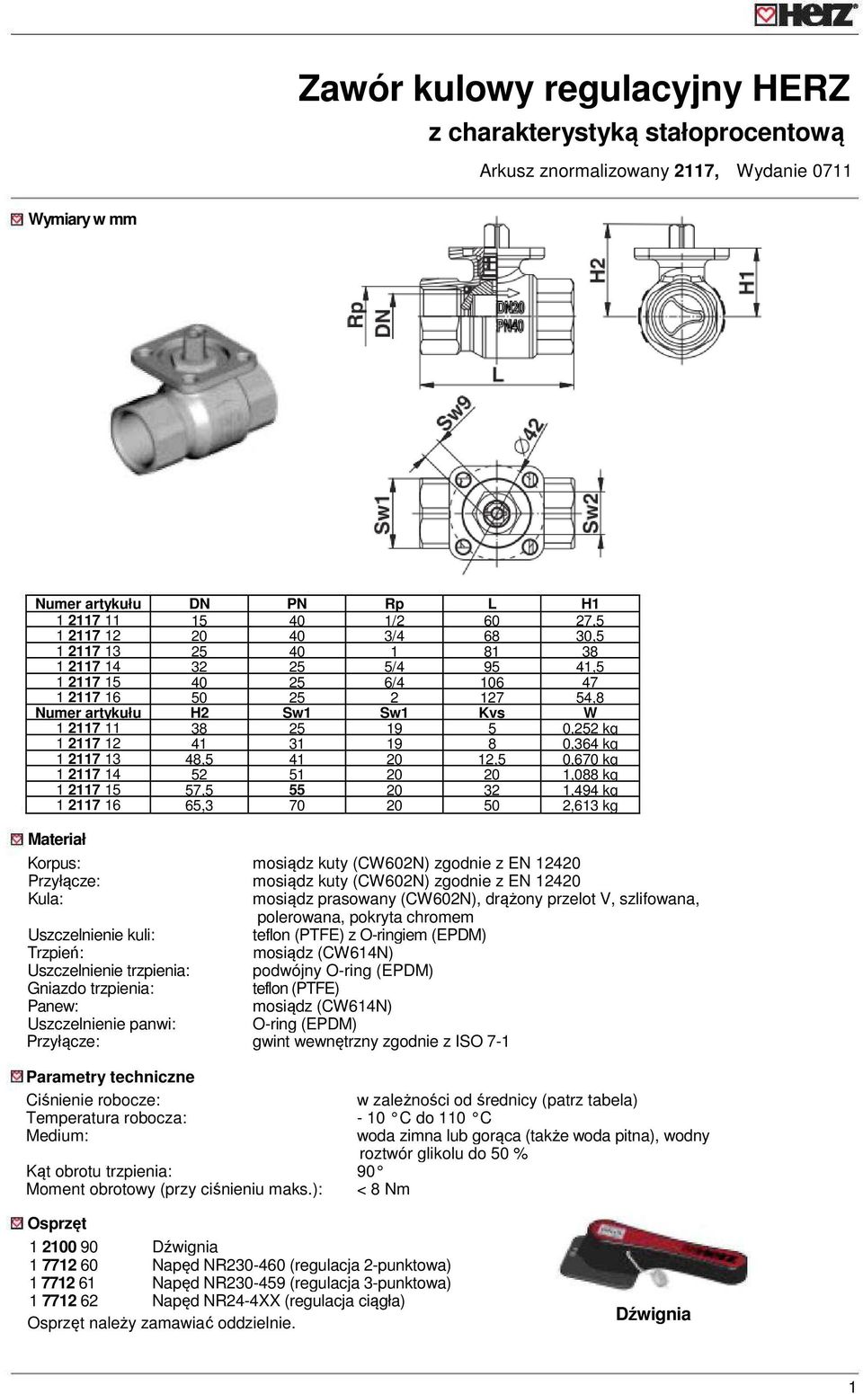 kg 1 2117 13 48,5 41 20 12,5 0,670 kg 1 2117 14 52 51 20 20 1,088 kg 1 2117 15 57,5 55 20 32 1,494 kg 1 2117 16 65,3 70 20 50 2,613 kg Materiał Korpus: mosiądz kuty (CW602N) zgodnie z EN 12420