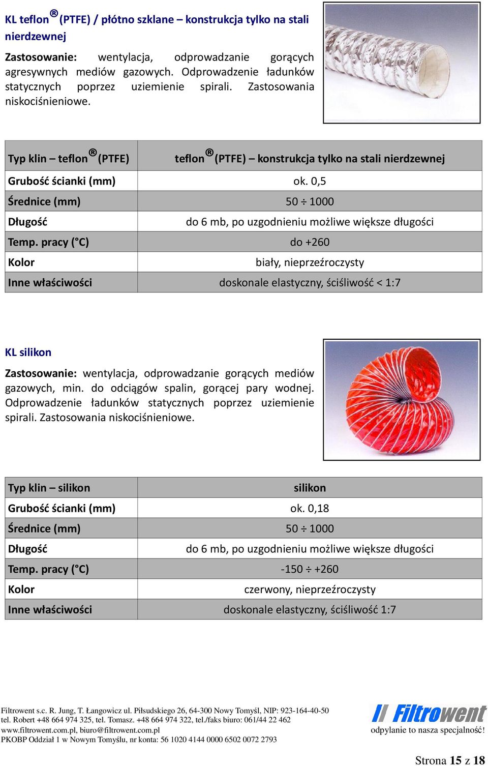 0,5 Temp. pracy ( C) do +260 biały, nieprzeźroczysty Inne właściwości doskonale elastyczny, ściśliwość < 1:7 KL silikon Zastosowanie: wentylacja, odprowadzanie gorących mediów gazowych, min.