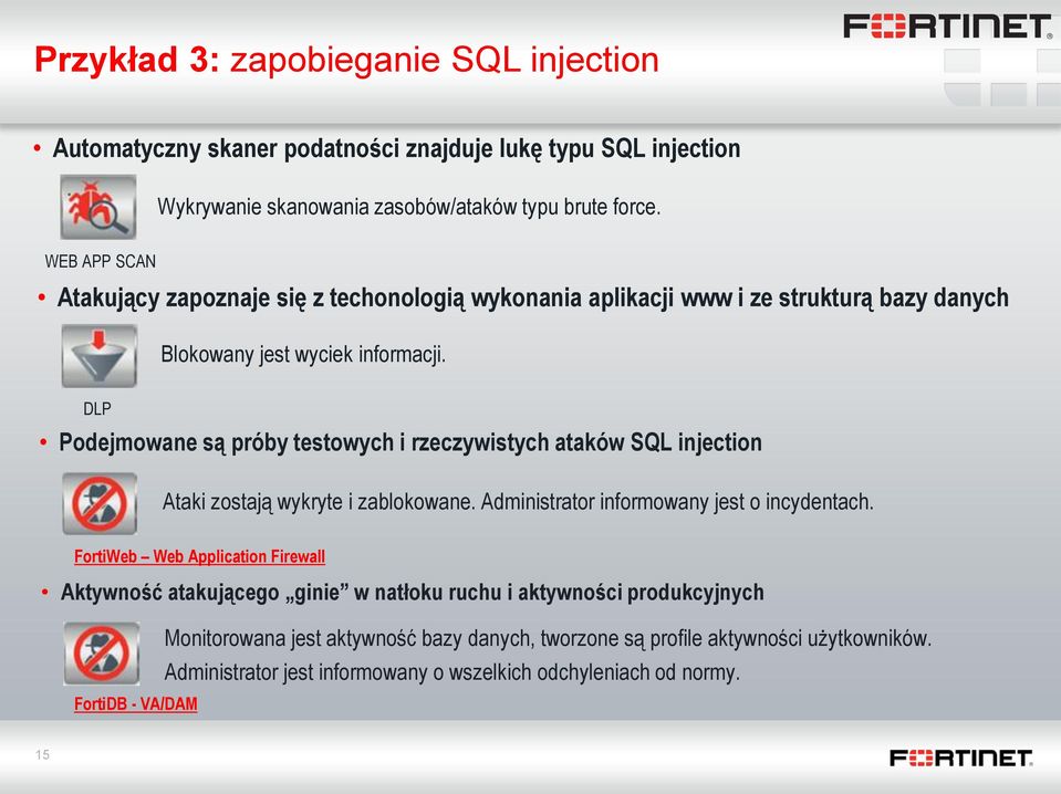 DLP Podejmowane są próby testowych i rzeczywistych ataków SQL injection Ataki zostają wykryte i zablokowane. Administrator informowany jest o incydentach.