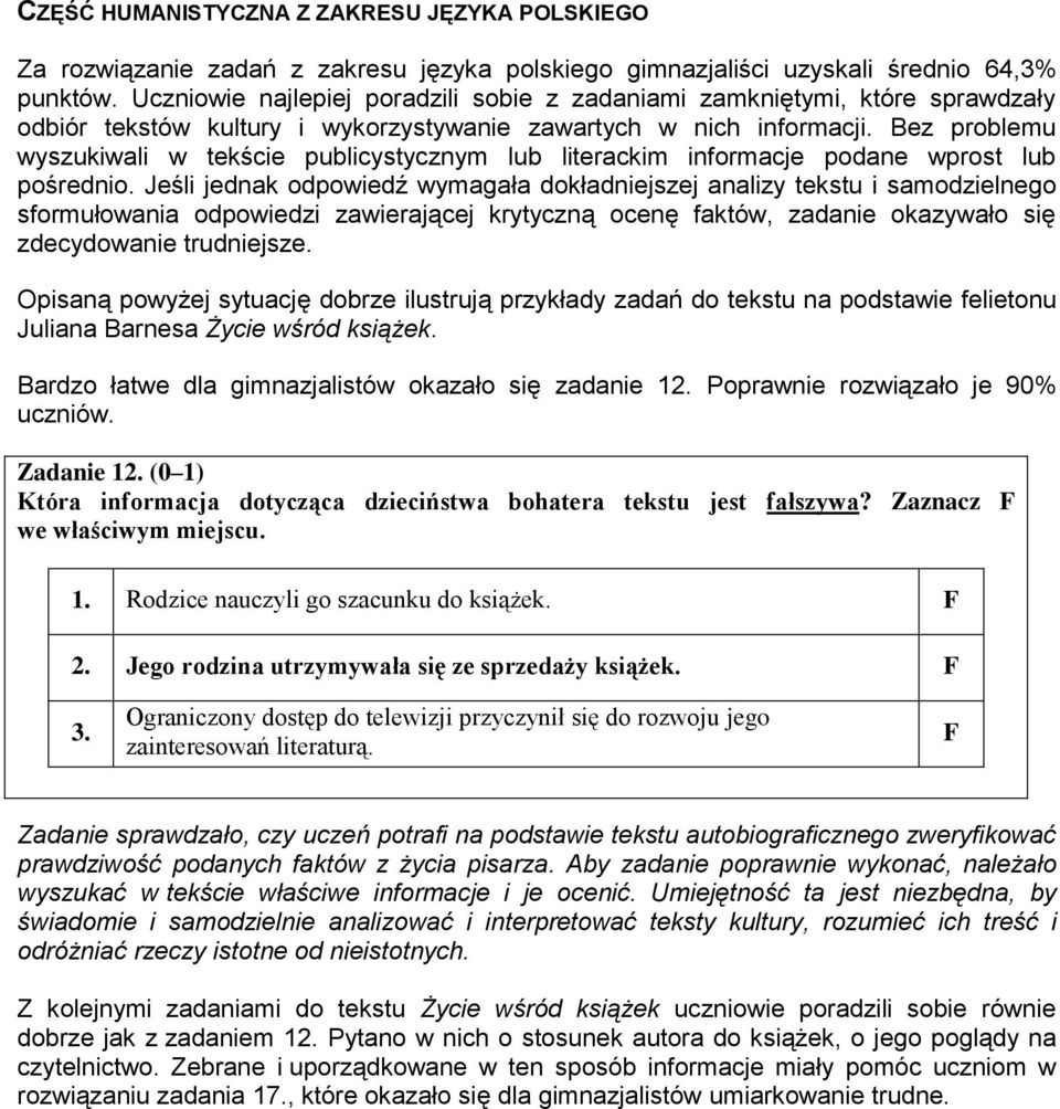 Bez problemu wyszukiwali w tekście publicystycznym lub literackim informacje podane wprost lub pośrednio.