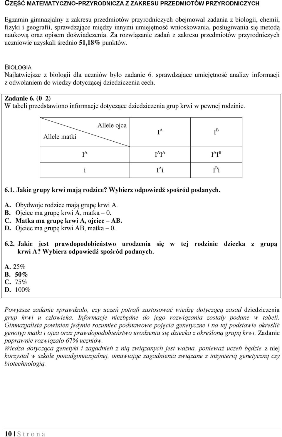 BIOLOGIA Najłatwiejsze z biologii dla uczniów było zadanie 6. sprawdzające umiejętność analizy informacji z odwołaniem do wiedzy dotyczącej dziedziczenia cech. Zadanie 6.