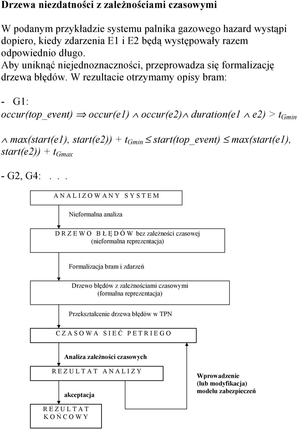 W rezultacie otrzymamy opisy bram: - G1: occur(top_event) occur(e1) occur(e2) duration(e1 e2) > t Gmin max(start(e1), start(e2)) + t Gmin start(top_event) max(start(e1), start(e2)) + t Gmax - G2, G4:.