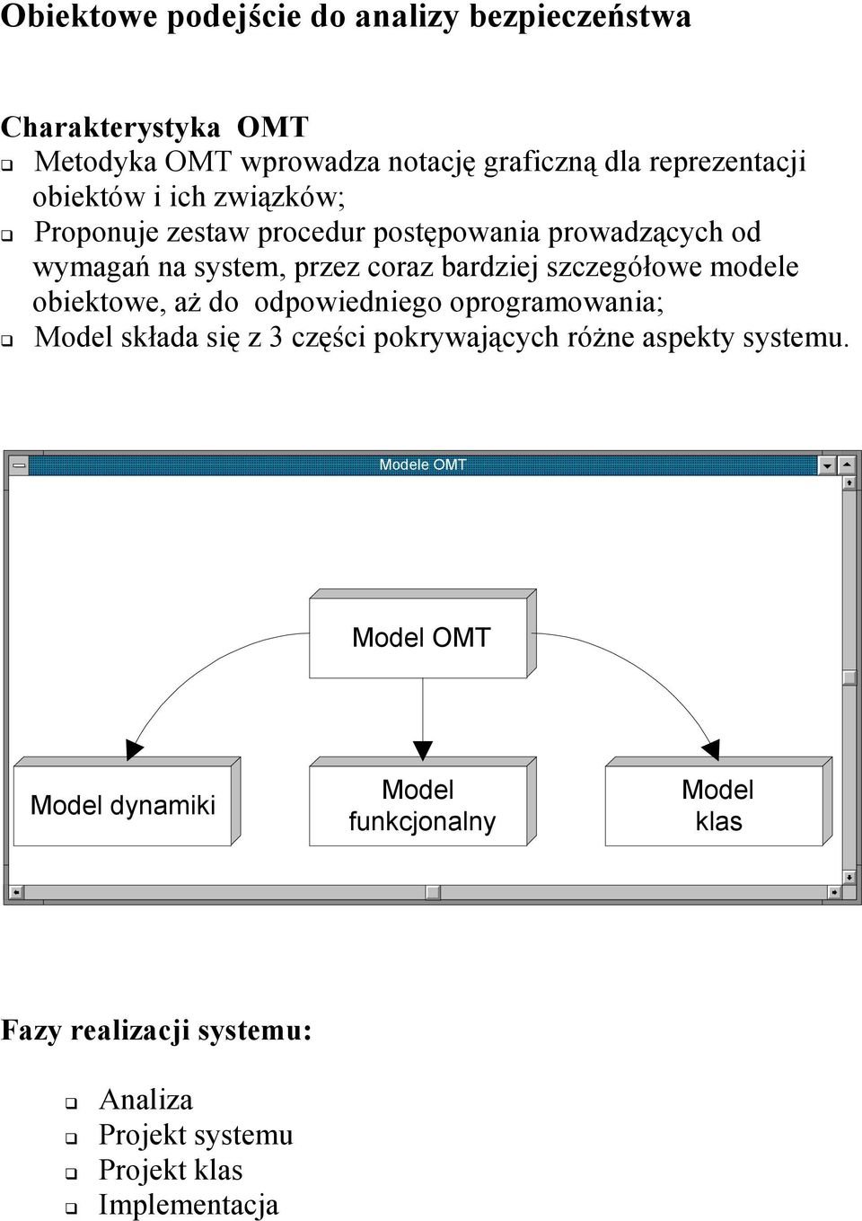 szczegółowe modele obiektowe, aż do odpowiedniego oprogramowania; Model składa się z 3 części pokrywających różne aspekty systemu.