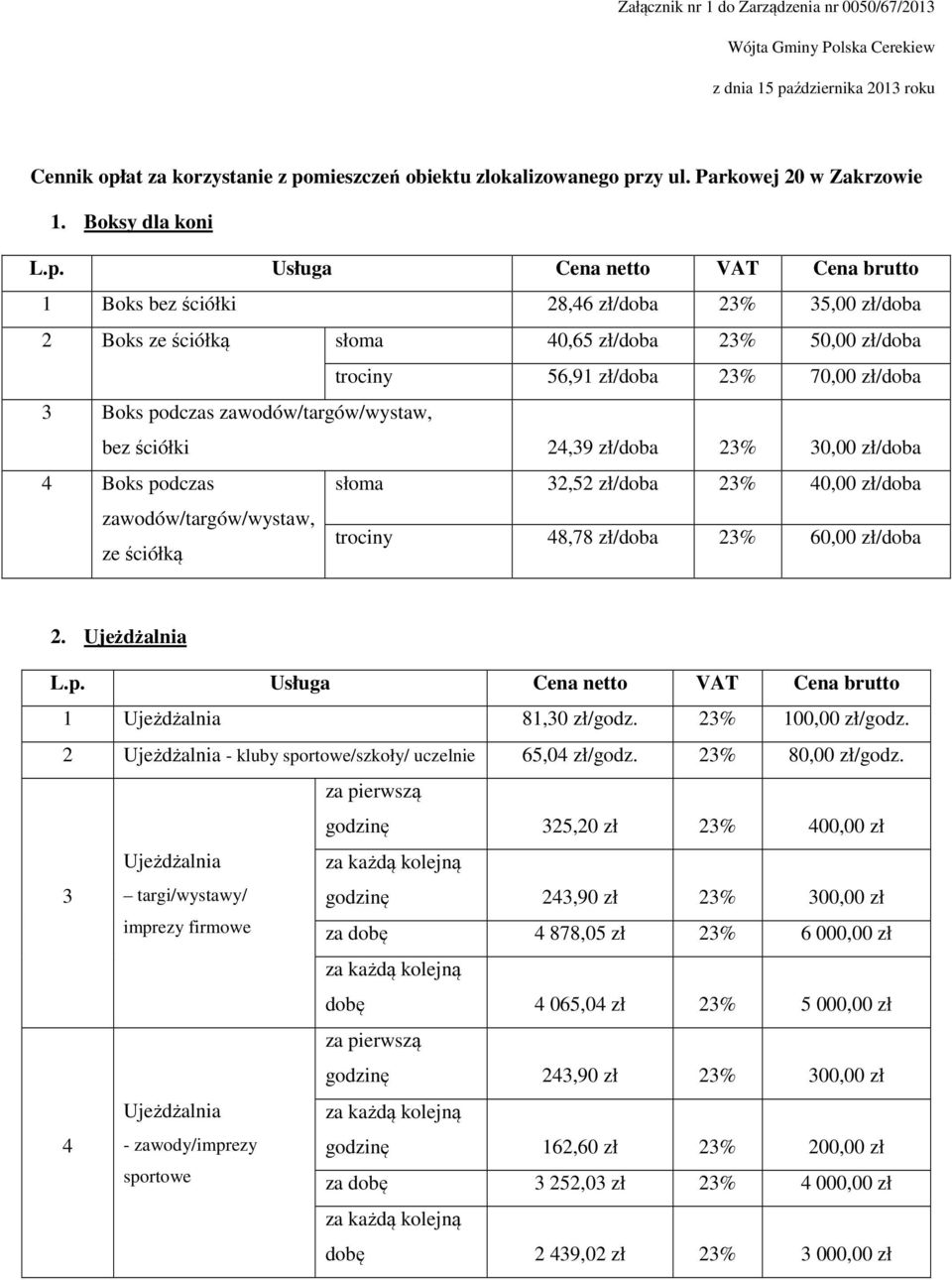 Boksy dla koni 1 Boks bez ściółki 28,6 zł/doba 2% 5,00 zł/doba 2 Boks ze ściółką słoma 0,65 zł/doba 2% 50,00 zł/doba trociny 56,91 zł/doba 2% 70,00 zł/doba Boks podczas zawodów/targów/wystaw, bez