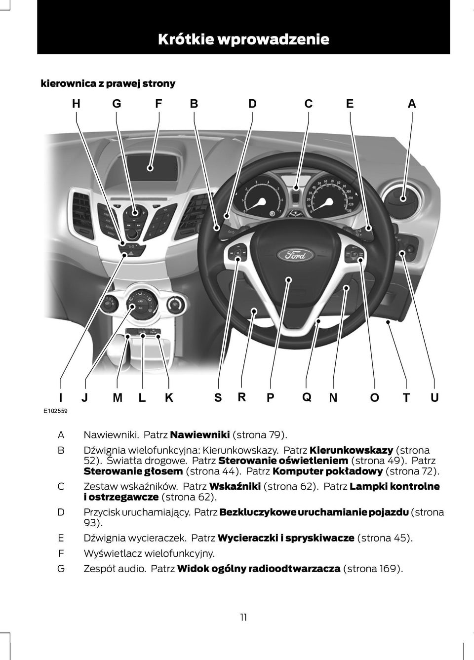 Patrz Komputer pokładowy (strona 72). Zestaw wskaźników. Patrz Wskaźniki (strona 62). Patrz Lampki kontrolne i ostrzegawcze (strona 62). Przycisk uruchamiający.