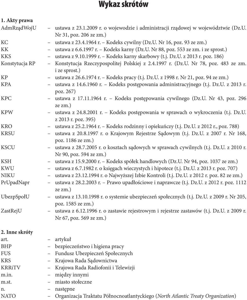 .Konstytucja Rzeczypospolitej Polskiej z 2.4.1997 r. (Dz.U. Nr 78, poz. 483 ze zm.. i ze sprost.) KP ustawa z 26.6.1974 r. Kodeks pracy (t.j. Dz.U. z 1998 r. Nr 21, poz. 94 ze zm.) KPA..ustawa z 14.6.1960 r.