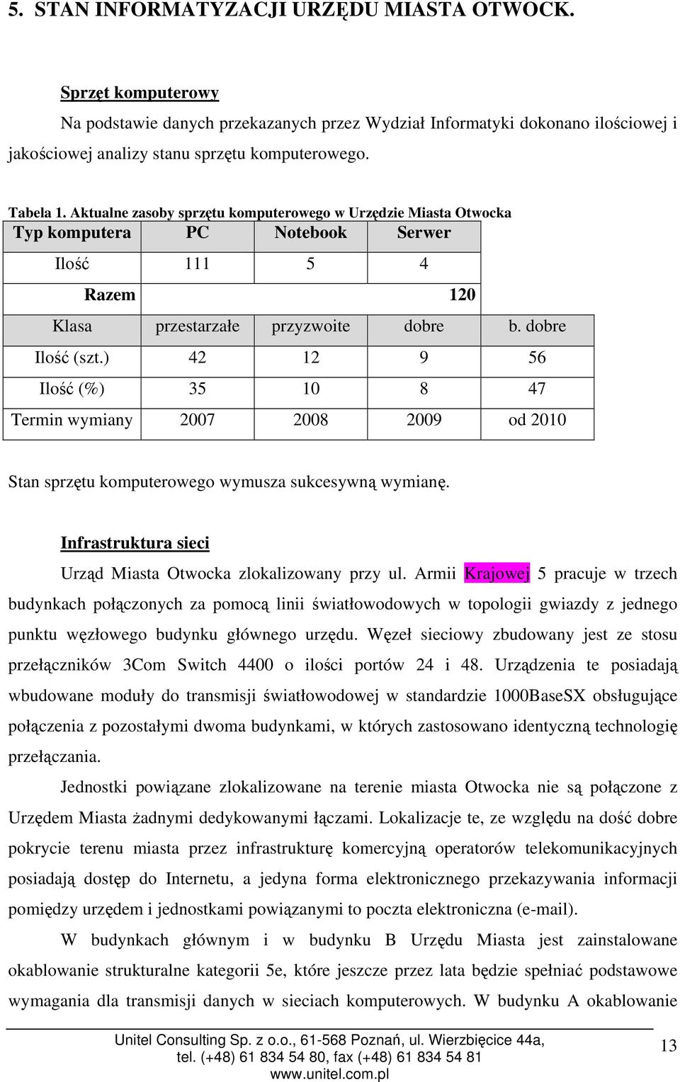 ) 42 12 9 56 Ilość (%) 35 10 8 47 Termin wymiany 2007 2008 2009 od 2010 Stan sprzętu komputerowego wymusza sukcesywną wymianę. Infrastruktura sieci Urząd Miasta Otwocka zlokalizowany przy ul.