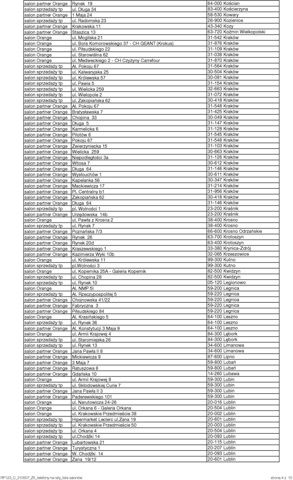 Bora Komorowskiego 37 - CH GEANT (Krokus) 31-876 Kraków salon Orange ul. Piłsudskiego 22 31-109 Kraków salon Orange ul. Starowiślna 62 31-038 Kraków salon Orange ul.