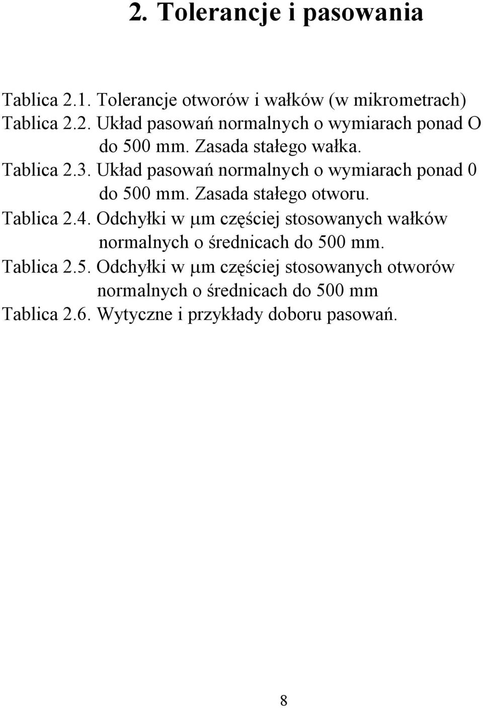 . Układ pasowań normalnych o wymiarach ponad do mm. Zasada stałego otworu. Tablica.