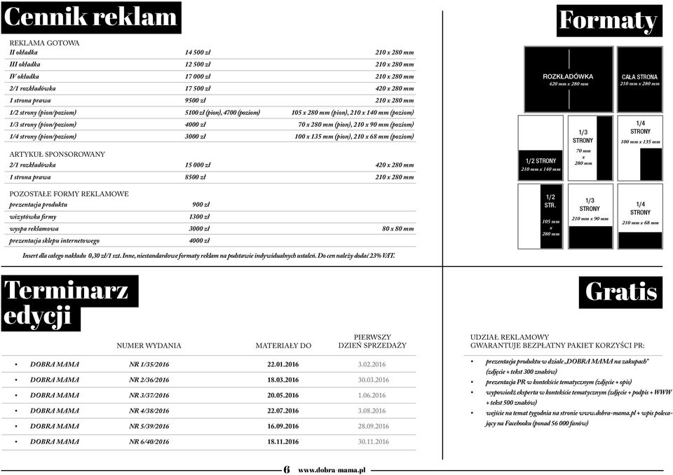 280 mm (pion), 210 x 140 mm (poziom) 70 x 280 mm (pion), 210 x 90 mm (poziom) 100 x 135 mm (pion), 210 x 68 mm (poziom) 1/3 STRONY 1/4 STRONY 100 mm x 135 mm ARTYKUŁ SPONSOROWANY 2/1 rozkładówka 1