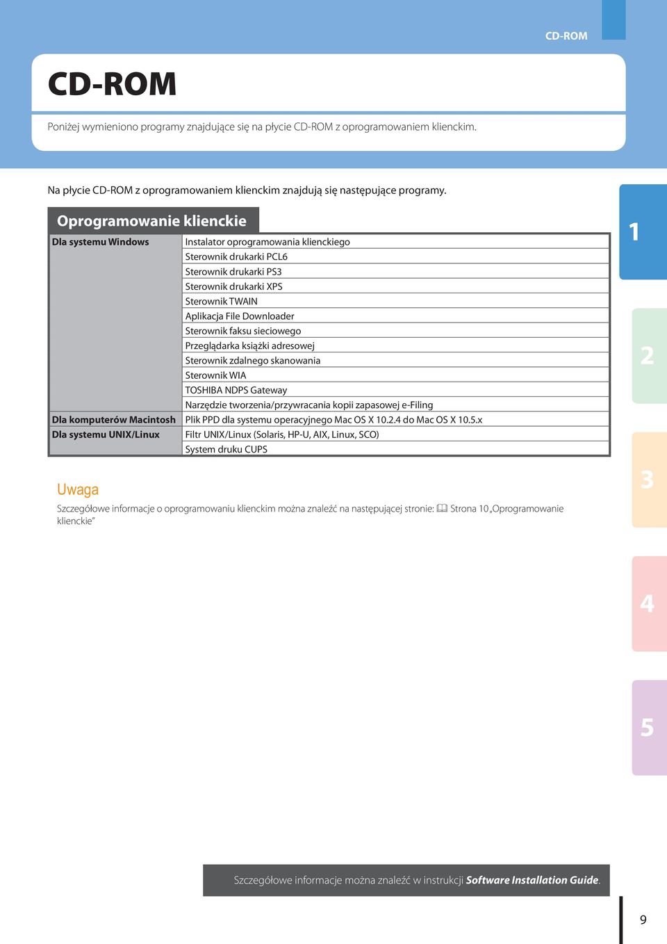 drukarki XPS Sterownik TWAIN Aplikacja File Downloader Sterownik faksu sieciowego Przeglądarka książki adresowej Sterownik zdalnego skanowania Sterownik WIA TOSHIBA NDPS Gateway Narzędzie