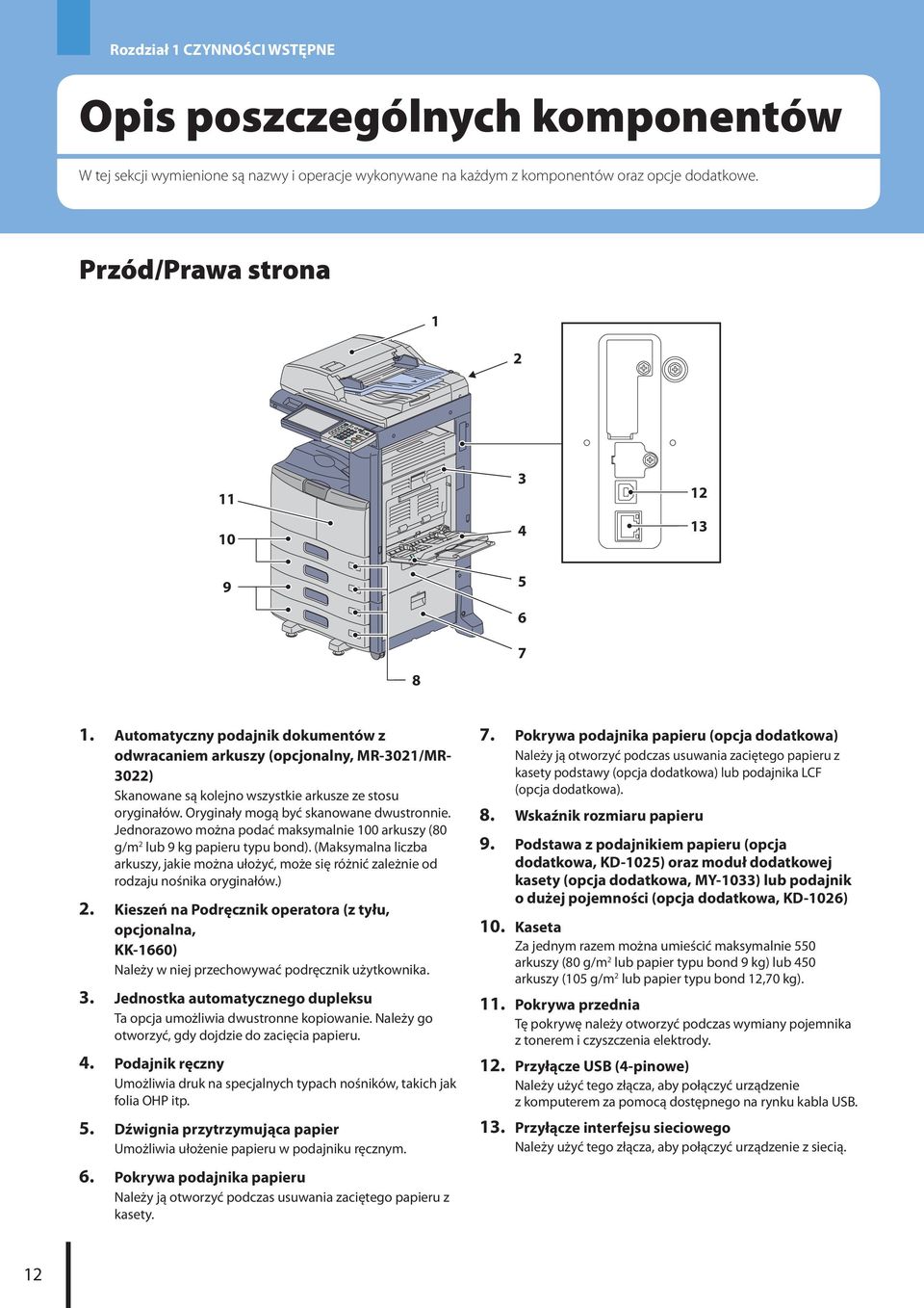 Jednorazowo można podać maksymalnie 00 arkuszy (80 g/m lub 9 kg papieru typu bond). (Maksymalna liczba arkuszy, jakie można ułożyć, może się różnić zależnie od rodzaju nośnika oryginałów.). Kieszeń na Podręcznik operatora (z tyłu, opcjonalna, KK-660) Należy w niej przechowywać podręcznik użytkownika.