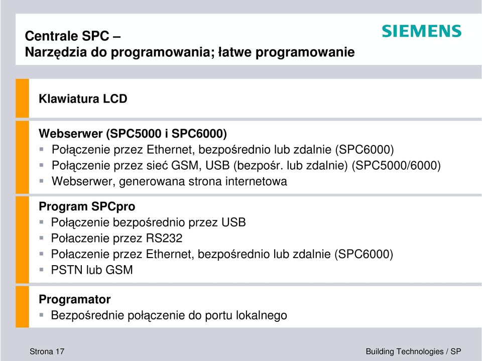 lub zdalnie) (SPC5000/6000) Webserwer, generowana strona internetowa Program SPCpro Połączenie bezpośrednio przez USB