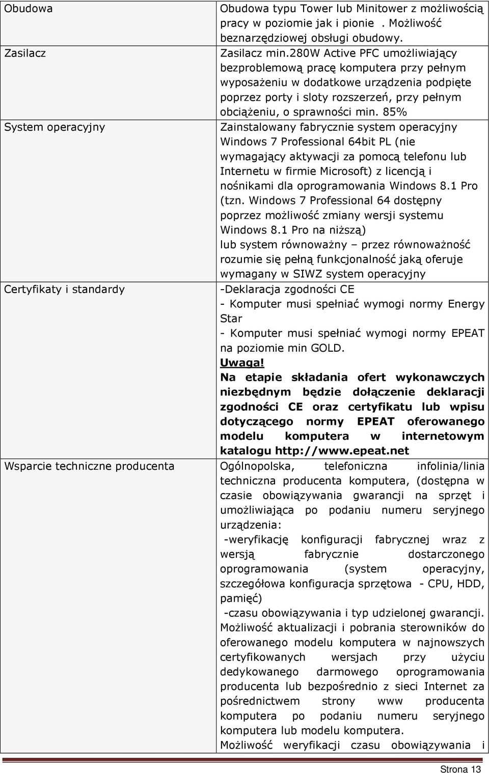 85% Zainstalowany fabrycznie system operacyjny Windows 7 Professional 64bit PL (nie wymagający aktywacji za pomocą telefonu lub Internetu w firmie Microsoft) z licencją i nośnikami dla oprogramowania