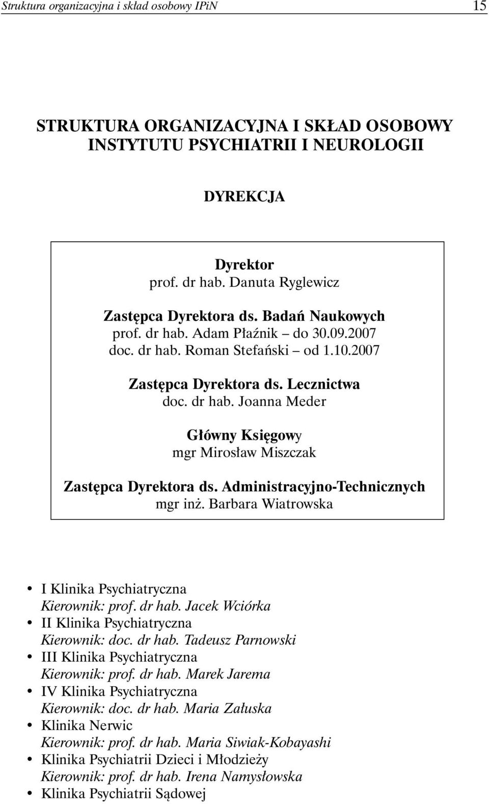 Administracyjno-Technicznych mgr inż. Barbara Wiatrowska I Klinika Psychiatryczna Kierownik: prof. dr hab. Jacek Wciórka II Klinika Psychiatryczna Kierownik: doc. dr hab. Tadeusz Parnowski III Klinika Psychiatryczna Kierownik: prof.