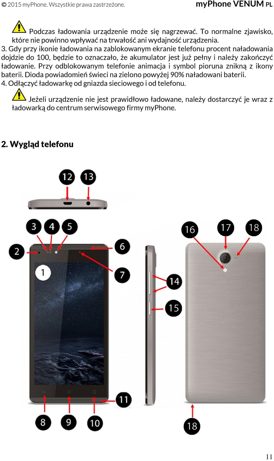 ładowanie. Przy odblokowanym telefonie animacja i symbol pioruna znikną z ikony baterii. Dioda powiadomień świeci na zielono powyżej 90% naładowani baterii. 4.