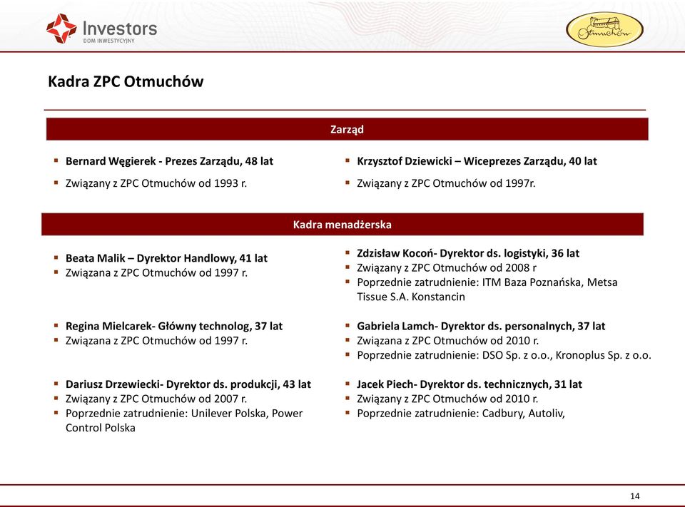 Dariusz Drzewiecki- Dyrektor ds. produkcji, 43 lat Związany z ZPC Otmuchów od 2007 r. Poprzednie zatrudnienie: Unilever Polska, Power Control Polska Zdzisław Kocoo- Dyrektor ds.