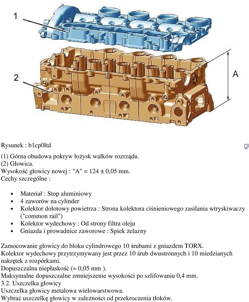 filtra oleju Gniazda i prowadnice zaworowe : Spiek Ŝelazny Zamocowanie głowicy do bloku cylindrowego 10 śrubami z gniazdem TORX.