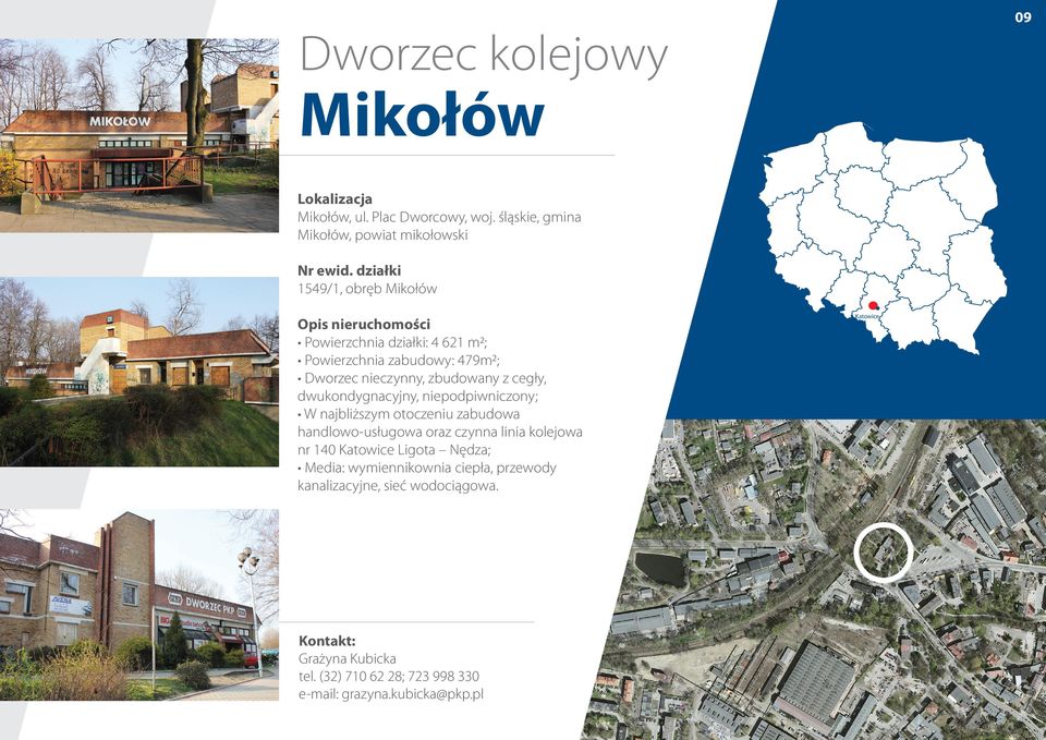 Dworzec nieczynny, zbudowany z cegły, dwukondygnacyjny, niepodpiwniczony; W najbliższym otoczeniu zabudowa handlowo-usługowa
