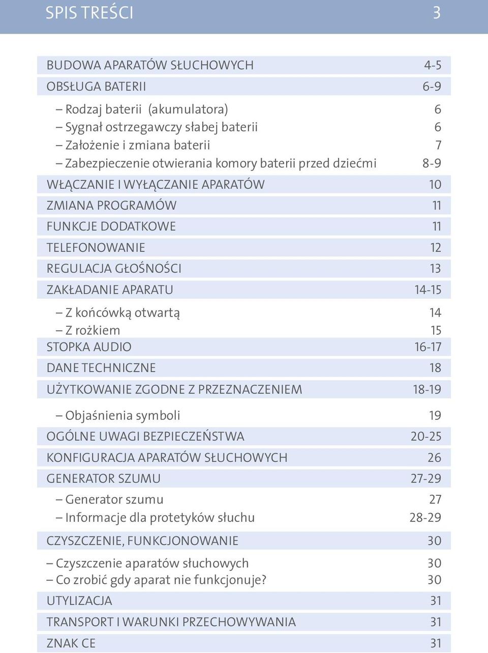 15 Stopka audio 16-17 Dane techniczne 18 użytkowanie zgodne z przeznaczeniem 18-19 Objaśnienia symboli 19 ogólne uwagi bezpieczeństwa 20-25 Konfiguracja aparatów słuchowych 26 Generator szumu 27-29