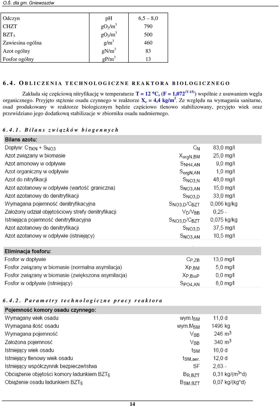 O B L I C Z E N I A T E C H N O L O G I C Z N E R E A K T O R A B I O L O G I C Z N E G O Zakłada się częściową nitryfikację w temperaturze T = 12 C, (F = 1,072 (T-15) ) wspólnie z
